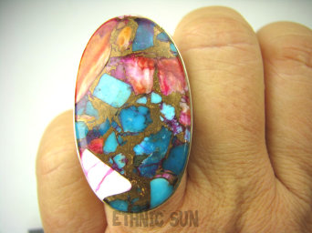 bpe8542 Wielobarwny OKAZ 4 cm / 2.3 cm Pierścień Pierścionek OSTRYGOWY TURKUS MIEDZIANY Mojave OSTRYGA Muszla złota MIEDZ r.17 Srebro 925 #