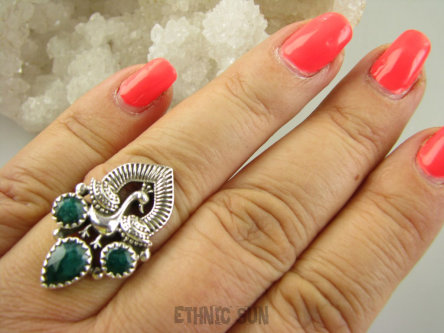 bpee4227 Egzotyczny Pierścień Pierscionek Królewski Paw oraz Szmaragd Indyjski Szmaragdy r.16 Srebro 925 #