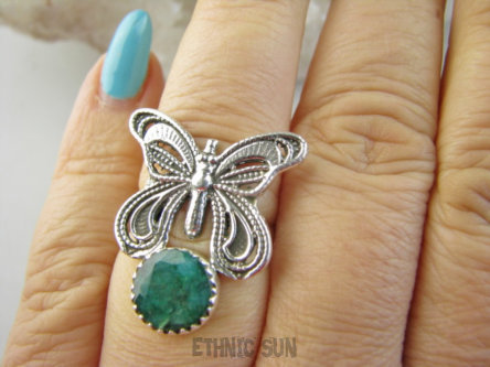 bpee4445 CUDO Filigran ! Ażurowy MOTYL - Symbol Miłości Szczęścia i Radości Pierścień, Pierścionek  - Szmaragd Indyjski r.14 Srebro 925