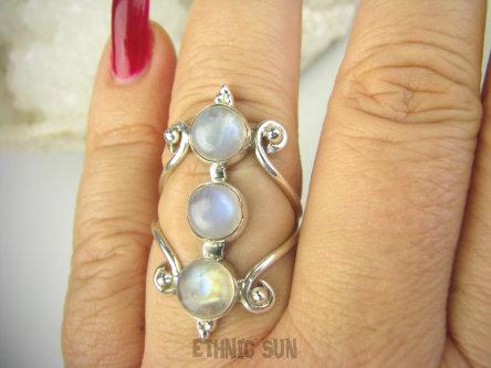 bpe8654 Max blask Długi 3.4 cm Finezyjny Ażurowy Pierścień podwójna obrączka Kamień Księżycowy r.17 Srebro 925