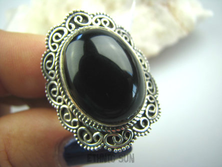 bpe5225  DUŻY przepiękny masywny Elegancki Klejnot Pierścień ONYKS w morskich falach r.15 Srebro 925 #