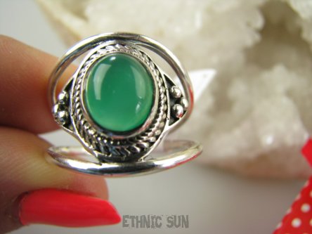 bpe9640 Finezyjny Ażurowy Pierścień Pierścionek podwójna obrączka naturalny Zielony Onyks r.16 Srebro 925 #