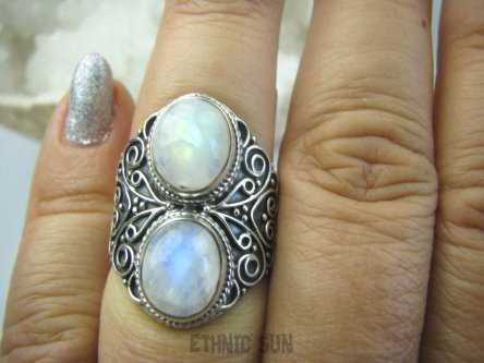 bpe5964 Podwójna Księżycowa Piękność Egzotyczny Pierścień Wielobarwny KAMIEŃ KSIĘŻYCOWY r.15 zdobione Srebro 925 #