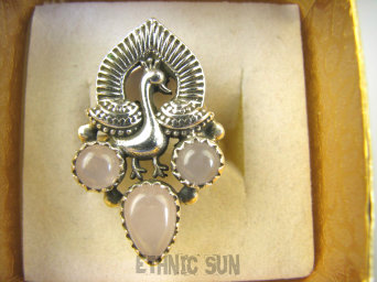 bpe9073 Orientalny Pierścień Pierscionek Królewski Paw oraz Kwarc Różowy - kamień mocnego serca r.15 Srebro 925 #