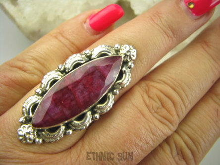 bpee3762 CUDOWNY Długi Pierścień Rubin Indyjski w orientalnej oprawie Rubiny r.15/ r.16 Srebro 925 #