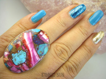 bpe8498 Boski Wielobarwny OKAZ Pierścień Pierścionek OSTRYGOWY TURKUS MIEDZIANY Mojave OSTRYGA Muszla złota MIEDZ r.18 Srebro 925 #