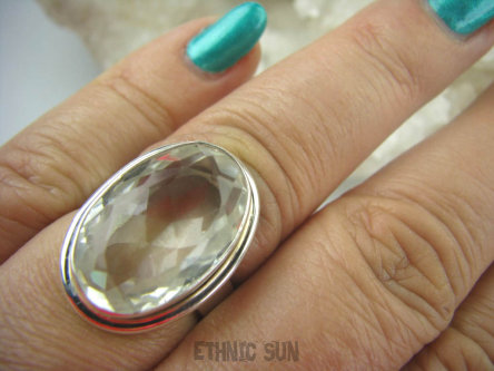 bpee3201 Śliczny Odpromiennik zdobi leczy chroni Lśniący Pierścień  Kryształ Górski w klasycznej oprawie r.16 Srebro 925 #