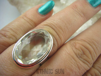 bpee3201 Śliczny Odpromiennik zdobi leczy chroni Lśniący Pierścień  Kryształ Górski w klasycznej oprawie r.16 Srebro 925 #