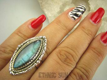 bpe8084 Czarodziejsko Piękny Orientalny Pierścień Niebieski Labradoryt Spektrolit - kamień Zorzy Polarnej r.20 Srebro 925 #