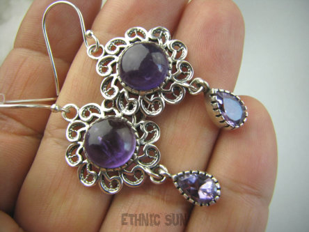 bkee880 Orientalne Tańczące Panienki !!! Śliczne Długie Ażurowe Kolczyki Fioletowy Ametyst Srebro 925