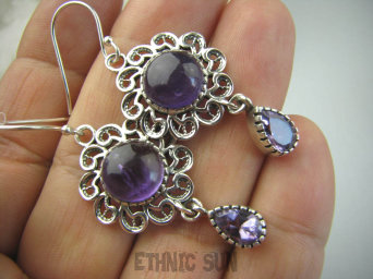 bkee880 Orientalne Tańczące Panienki !!! Śliczne Długie Ażurowe Kolczyki Fioletowy Ametyst Srebro 925