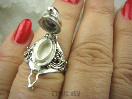 bpe6727 Delikatny Pięknie Zdobiony  Sekretnik UNIKAT !!! Otwierany Pierścień  Ametyst r.16/ r.17 Srebro 925 #