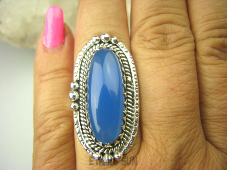 bpe7936 Niebiańska Piękność Długi Pierścień niebieski CHALCEDON czakra gardła (TARCZYCA) r.16 Srebro 925 #
