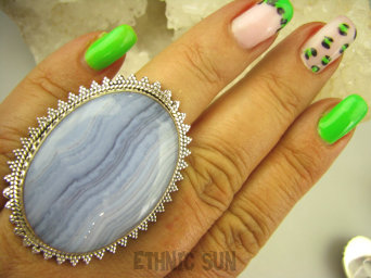 bpe7881 FENOMENALNY śliczny OKAZ 26 gramów CUDNY Pierścień 4.4 cm / 3.4 cm KORONKOWY Niebieski AGAT BLUE LACE kamień spokoju STRES, regulowany r.18, r.19, r.20, r.21, r.22 Srebro 925 #