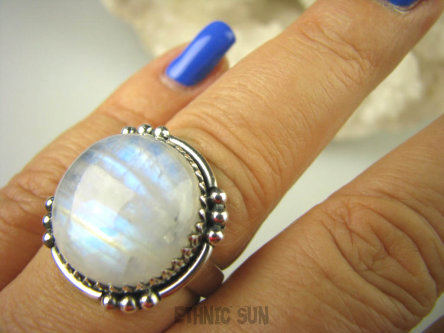 bpe6625 Śliczny wielobarwny wręcz TĘCZA BARW - Piękność Pierścień KAMIEŃ KSIĘŻYCOWY Z TĘCZĄ r.19 Srebro 925 #