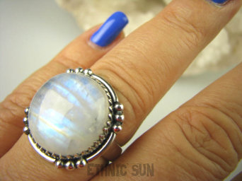 bpe6625 Śliczny wielobarwny wręcz TĘCZA BARW - Piękność Pierścień KAMIEŃ KSIĘŻYCOWY Z TĘCZĄ r.19 Srebro 925 #