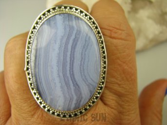 bpe7027 Olbrzym Aż 27 gramów CUDNY Pierścień 4.5 cm / 3.4 cm KORONKOWY Niebieski AGAT BLUE LACE kamień spokoju STRES, regulowany r.18, r.19, r.20, r.21, r.22 Srebro 925 #