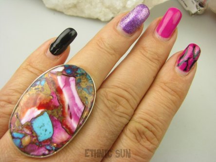 bpe8519 Boski Wielobarwny OKAZ 4 cm / 2.6 cm Pierścień OSTRYGOWY TURKUS MIEDZIANY Mojave OSTRYGA Muszla złota MIEDZ r.17 Srebro 925 #