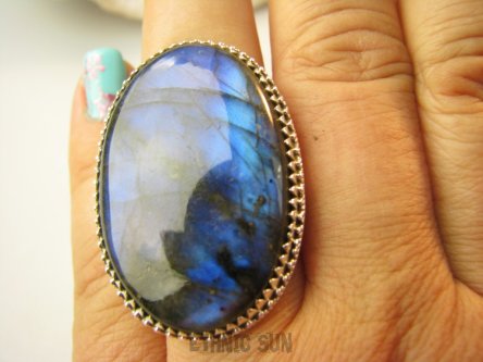 bpe9213 Duży 22G Regulowany Pierścień Pierścionek Labradoryt Spektrolit kamień odwagi r.20, r.21, r.22, r.23 Srebro 925 #