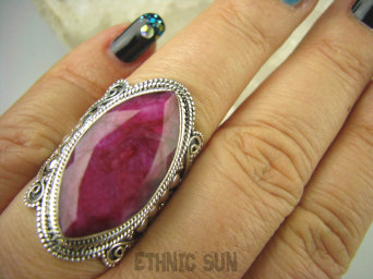 bpee3621 Duży MALINOWY Długi 3,4 cm Pierścień z Rubinem Indyjski Rubiny r.19 Srebro 925 #
