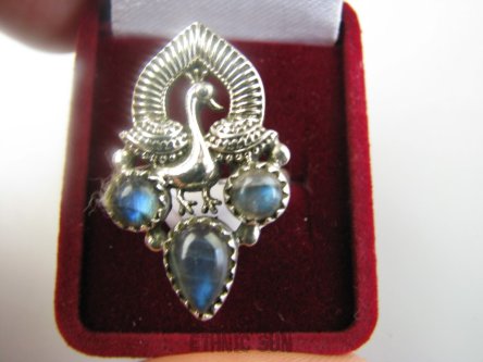 bpe9081 Piękny mieniący się  Pierścień Pierscionek Królewski Paw oraz niebieski Labradoryt Spektrolit r.15 Srebro 925 #
