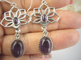 bke1174 Długie 6cm lekkie cudowne ażurowe kolczyki Kwiat Lotosu - talizman wiecznej młodości !!! Tak piękne Ametyst Ametysty SREBRO 925