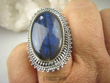 bpe7019 Piękny Orientalny Pierścień czarno-srebrzysty z granatową poświatą  Labradoryt Spektrolit - kamień Zorzy Polarnej r.22 Srebro 925 #