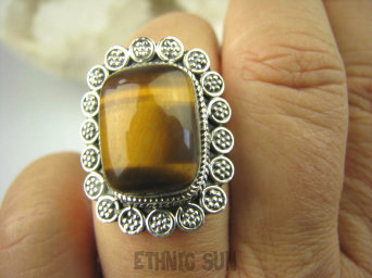 bpe6544 Egzotyczny Pierścień Tygrysie Oko - Wspomaga Oczy Astma Krążenie i TRAWIENIE r.16 Srebro 925 #