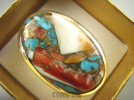bpe7197 Wielobarwna Ostryga Klasyczny Pierścień OSTRYGOWY TURKUS MIEDZIANY Turkus OSTRYGA Muszla złota MIEDZ r.21/ r.22 Srebro 925 #