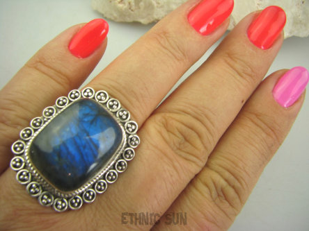 bpe4549 Czarodziejsko Piękny Orientalny Pierścień Labradoryt Spektrolit - kamień Zorzy Polarnej r.19/ r.20 Srebro 925 #