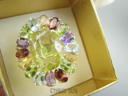 bpee4644 Wooow BOSKO PIĘKNY WIELOBARWNY Lux Pierścień Pierścionek naturalny Cytryn Lemon, Ametyst, Granaty, Oliwin, Blue Topaz r.19 SREBRO 925 #