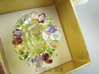 bpee4644 Wooow BOSKO PIĘKNY WIELOBARWNY Lux Pierścień Pierścionek naturalny Cytryn Lemon, Ametyst, Granaty, Oliwin, Blue Topaz r.19 SREBRO 925 #