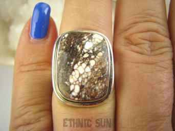 bpe6976 Niespotykany Delikatny PIERŚCIEŃ Z JASPISEM - Cudna KOMPOZYCJA BRĄZU I BIELI !!! JASPIS BREKCJA r.15 Srebro 925 #