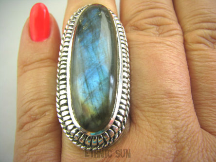 bpe4545 Baśniowy gigant 4,3 cm !!! Wielki Masywny 23 gramy !!! Pierścień Labradoryt Spektrolit - Kamień zorzy polarnej r.17/r.18 Srebro 925 #