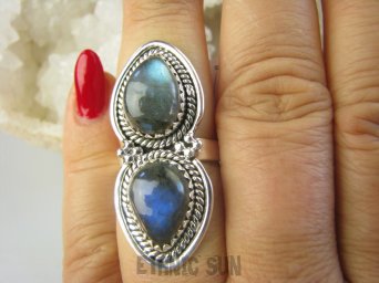 bpe8935 Biżuteria Orientalna - niesamowicie piękny DWUBARWNY Długi 4cm Pierścień Pierścionek Labradoryt Spektrolit kamień Zorzy Polarnej r.14 Srebro 925 #