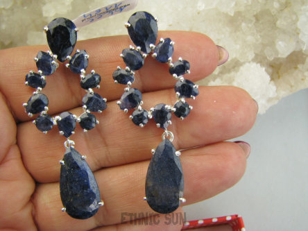 bkee1184 Ekskluzywne SZAFIRY OSZAŁAMIAJĄCO Piękne Duże 16g! Długie 5.5 cm Kolczyki na sztyft z Szafirami Szafir Indyjski Srebro 925