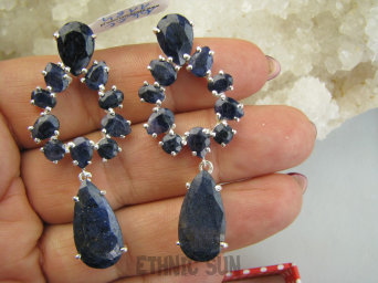 bkee1184 Ekskluzywne SZAFIRY OSZAŁAMIAJĄCO Piękne Duże 16g! Długie 5.5 cm Kolczyki na sztyft z Szafirami Szafir Indyjski Srebro 925