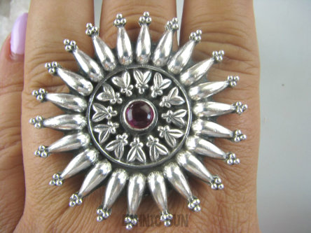 bpe6171 Egzotyczne Słońce !!! Giganty 25 gramów !!! Front 4.8 cm !! Duży Pierścień Różowy Rubin Indyjski REGULOWANY r.14, r.15, r.16, r.17, r.18 SREBRO 925 #
