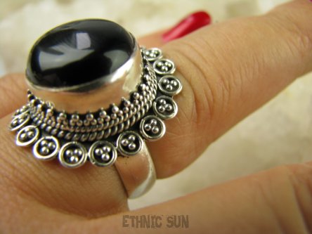 bpe6470 Czarodziejsko Piękny Wysoki Pierścień czarny ONYKS regeneruje SERCE, EGZEMY, PAMIĘĆ r.17 Srebro 925 # obniżka 