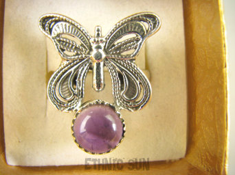 bpe9040 CUDO FILIGRAN! Ażurowy MOTYL - Symbol Miłości Szczęścia i Radości Pierścień, Pierścionek fioletowy Ametyst kamien mądrości r.14 Srebro 925