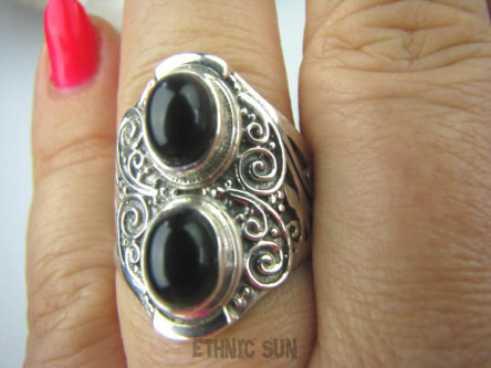 bpe6850 Ażurowy Pierścień z onyksami czarny ONYKS regeneruje SERCE, EGZEMY, PAMIĘĆ r.15 Srebro 925 #