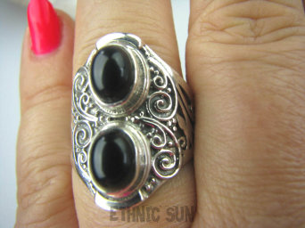 bpe6850 Ażurowy Pierścień z onyksami czarny ONYKS regeneruje SERCE, EGZEMY, PAMIĘĆ r.15 Srebro 925 #