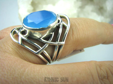 bpee3008 AŻUROWA SIEĆ !!! CACUSZKO Przepiękny Pierścień szlifowany Niebieski Chalcedon (tarczyca) CZAKRA GARDŁA r.16 ażurowa obrączka Srebro 925 #