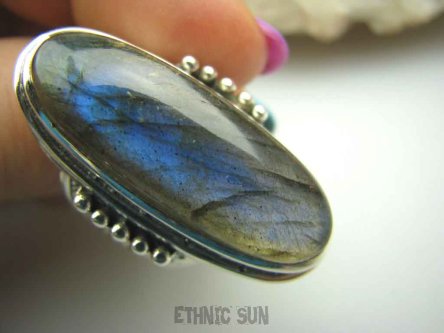 bpe4112 GRECKA BOGINI !!!! Duży Długi 3,9 cm OKAZ Pierścień  Niebiesko Seledynowy w paseczki Labradoryt Spektrolit - kamień Zorzy Polarnej r.20 Srebro 925 #