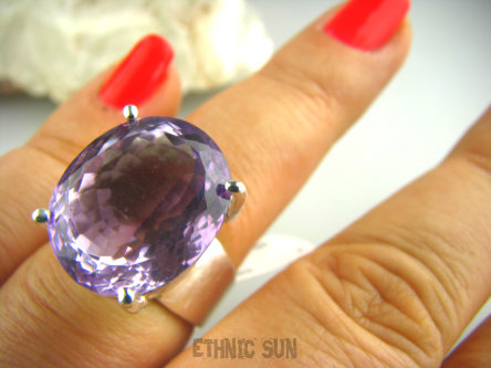 bpee2206 BAŚNIOWY Lux Pierścień szlifowany OKAZ AMETYST (ochrona, spokój umysłu, rozwój duchowy) - najwyższa jakość kamienia r.15 Srebro 925 #