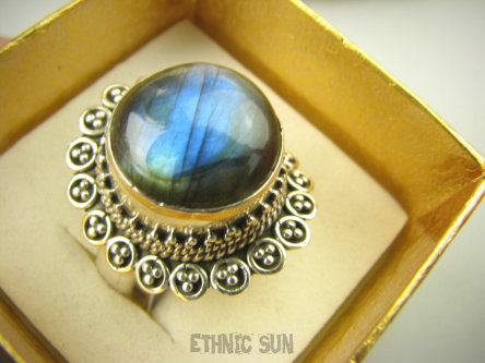 bpe8924 WIELOBARWNY CUDNY  Pierścień Pierscionek Labradoryt Spektrolit - kamień Zorzy Polarnej r.21 Srebro 925 #