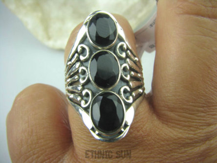 bpee3351 LŚNIĄCA HRABINA !!! Długi Olśniewający Ażurowy Pierścień Czarny Onyks r.15 szeroka obrączka Srebro 925 #