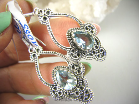 bkee1055 Śliczne niebiańskie  Długie LEKKIE Ażurowe Kolczyki Błękitny Blue Topaz - kamień młodości Srebro 925