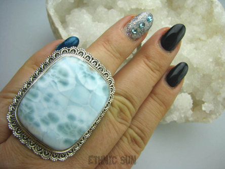 bpe5471 PIĘKNY GIGANT 38 gramów !!!! Długi 4.5 cm / 3.5 cm Niebiański Pierścień RZADKI Anielski kamień LARIMAR - stawy, serce lęki, otwiera czakrę gardła r.18 Srebro 925 #