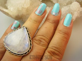 bpe9194 Magiczna DUŻA 20G KROPLA Regulowany Pierścień Pierścionek Kamień Księżycowy r.15, r.16, r.17 Srebro 925 #